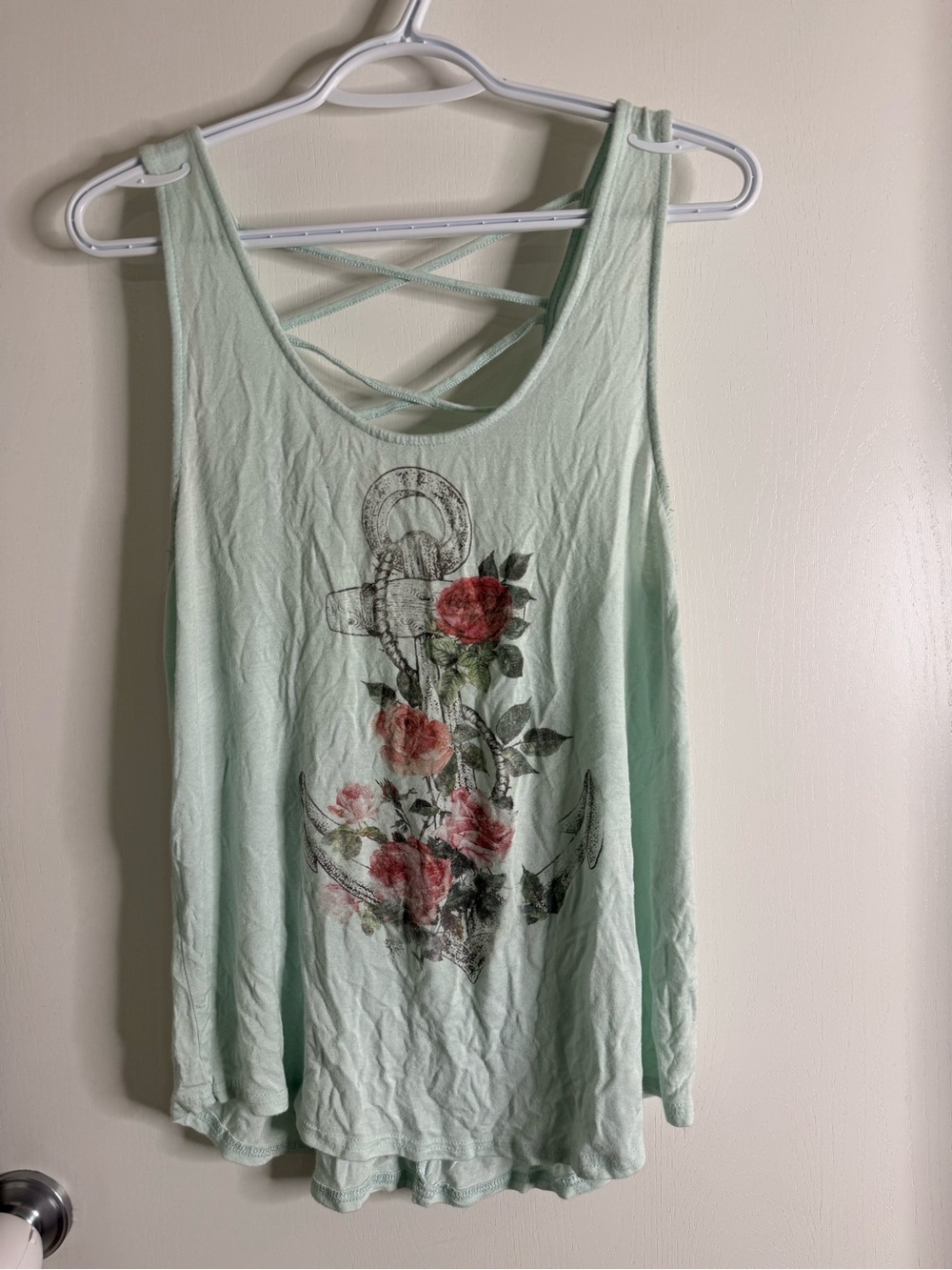Urban Heritage Women’s Mint Green Floral Anchor Crisscross Tank Top